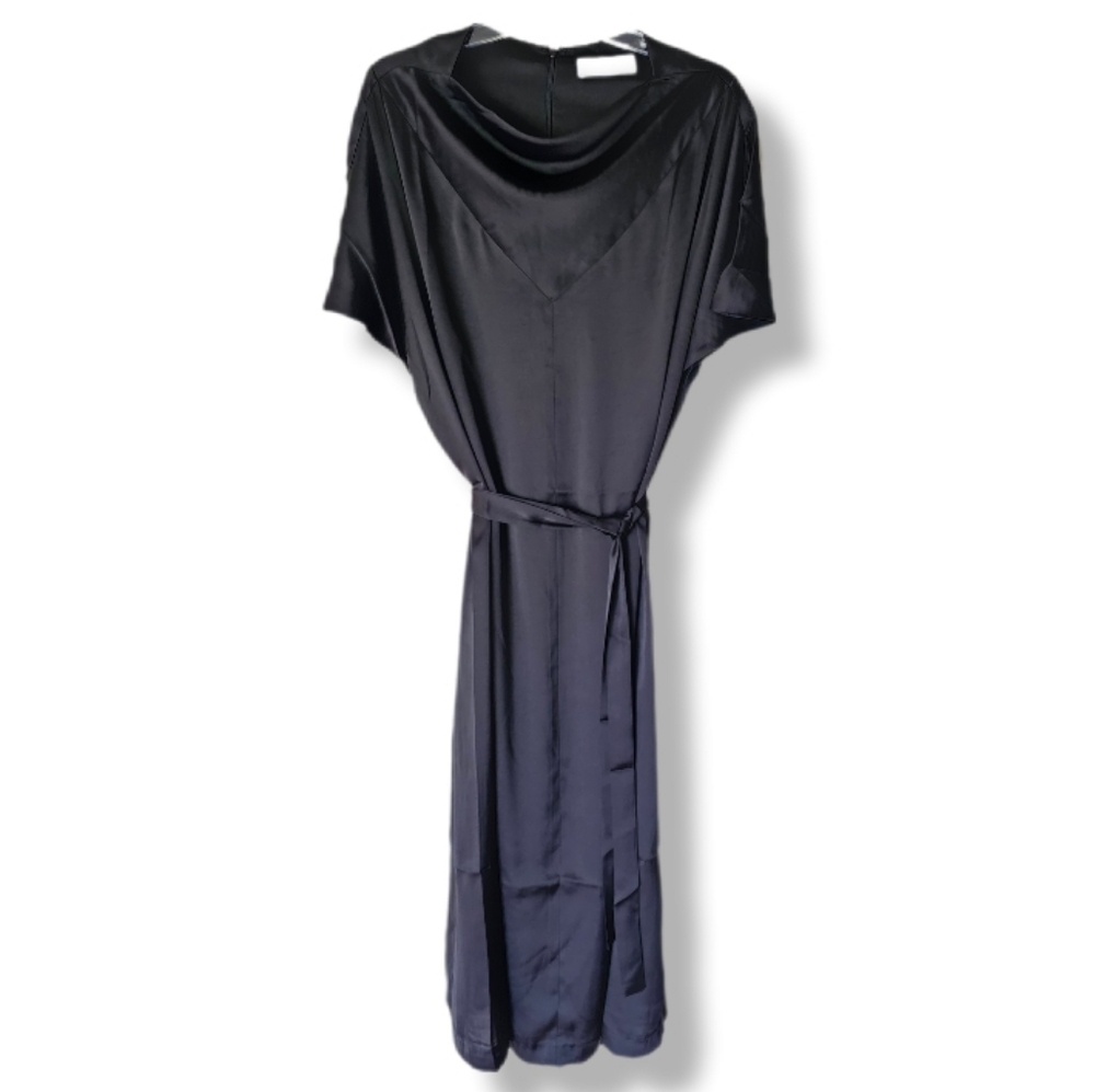 Pari Passu Black Satin Shirt Dress Cocktail Event Party LBD Midi NWOT Belted
